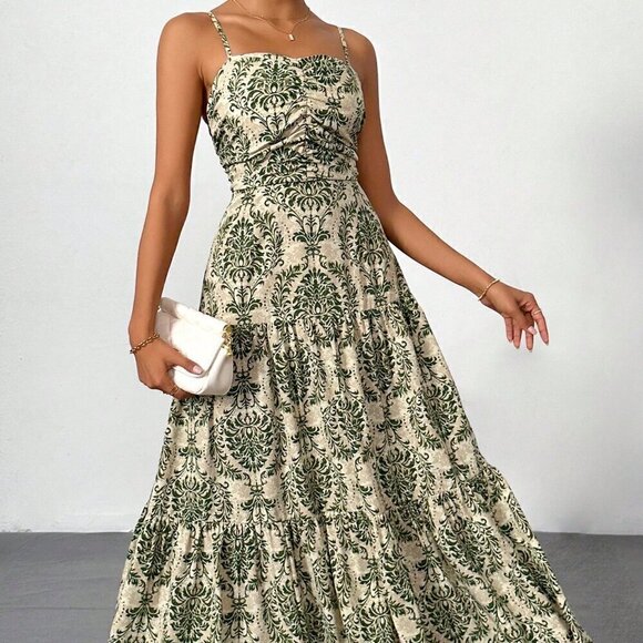 Army Green Boho Women's Vacation Printed Bohemian Backless Maxi Cami Dress - Picture 5 of 9